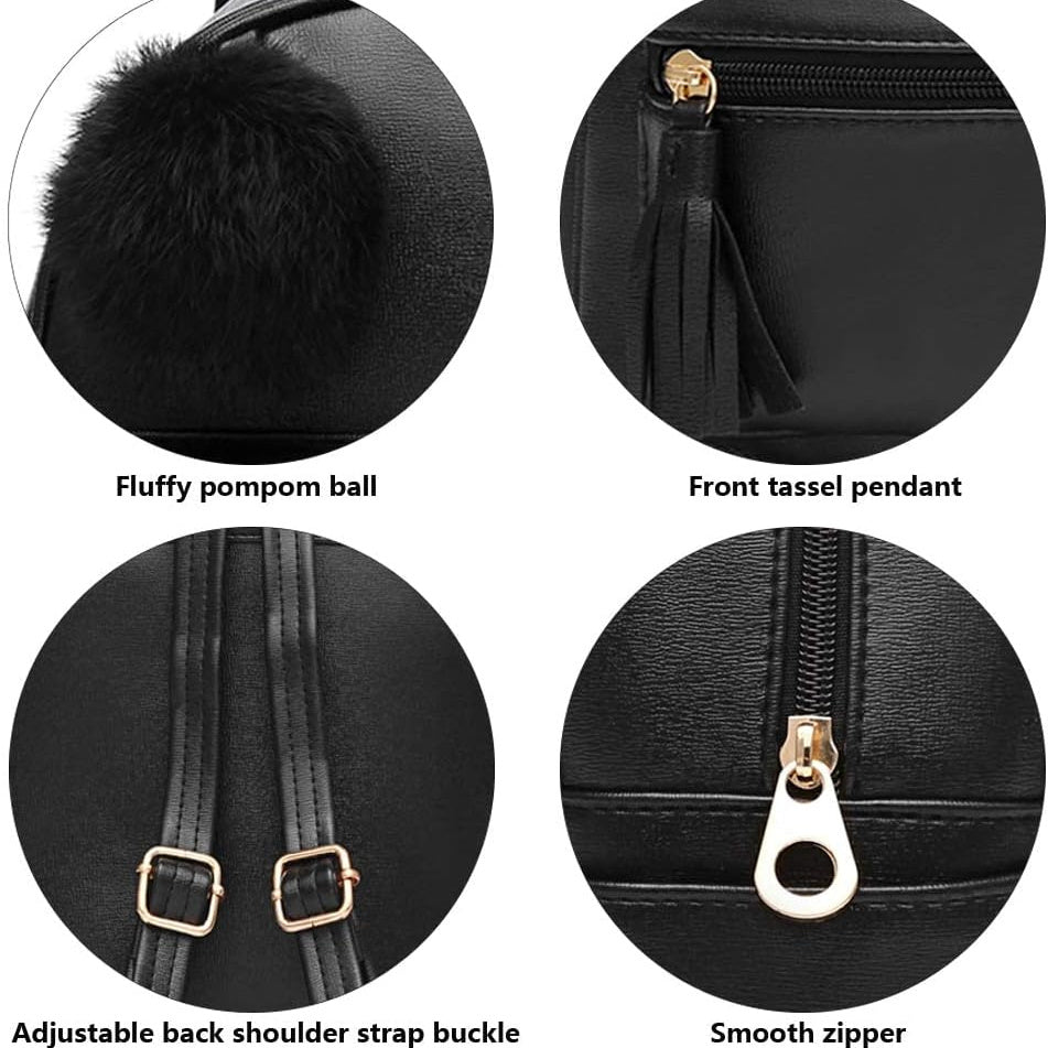 Mini Backpack Purse for Girls Teens Women Purses PU Leather Pom Backpack Shoulder Bag with Charm Tassel