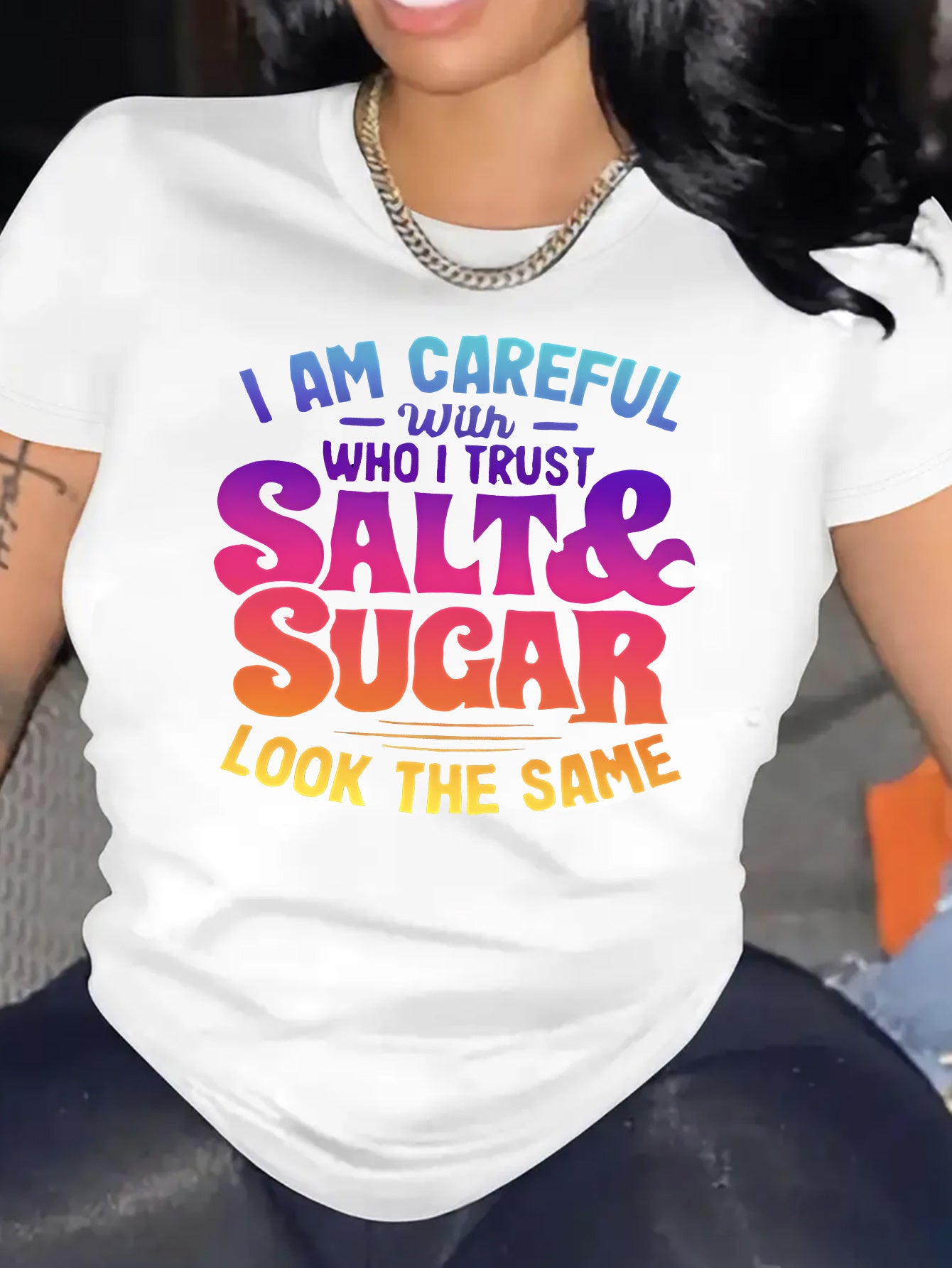 Women's Casual T-Shirt With Colorful Lettering "Salt And Sugar" Graphic, Round Neck, Short Sleeve, Sporty Top