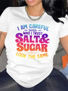 Women's Casual T-Shirt With Colorful Lettering "Salt And Sugar" Graphic, Round Neck, Short Sleeve, Sporty Top