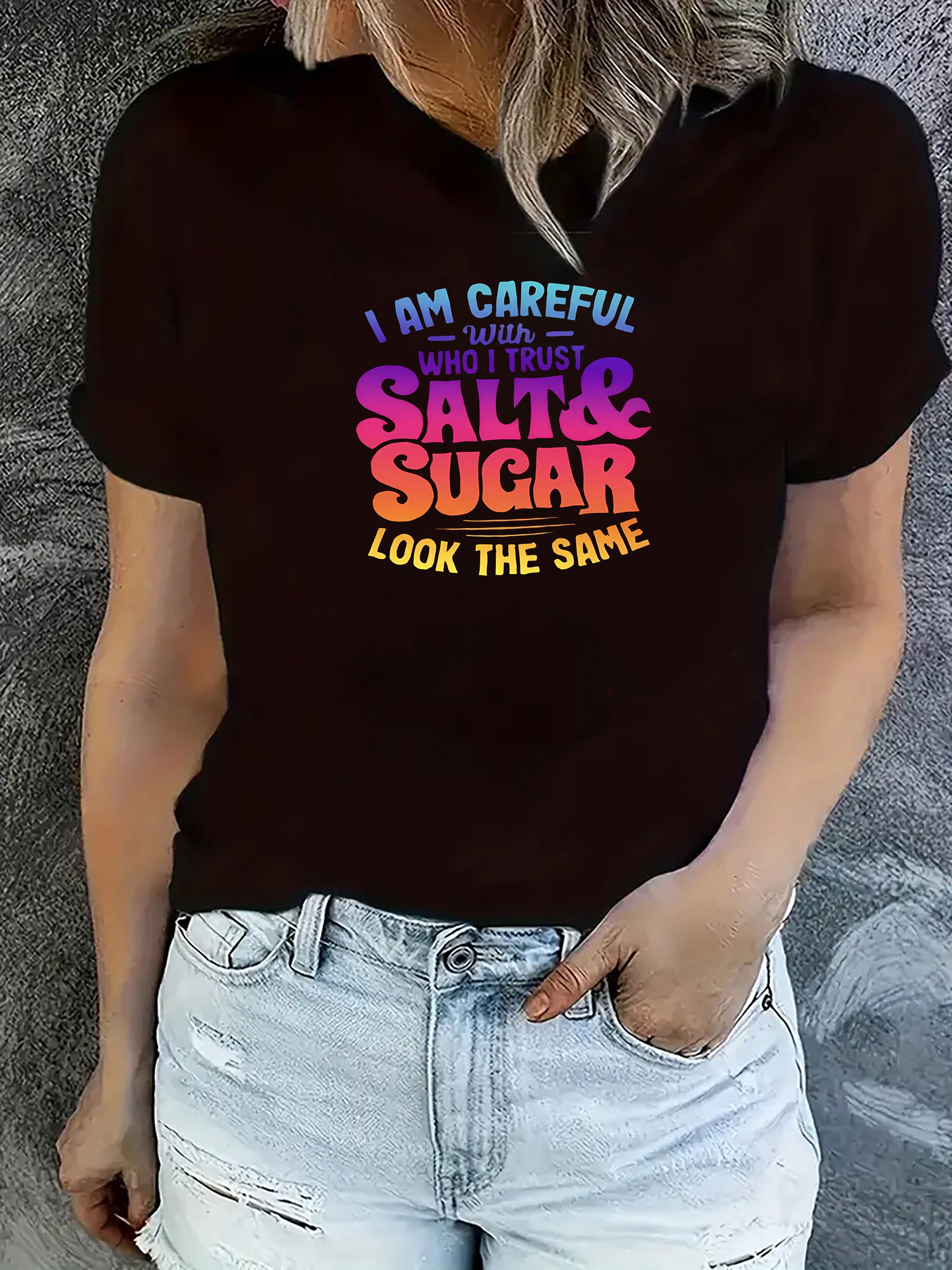 Women's Casual T-Shirt With Colorful Lettering "Salt And Sugar" Graphic, Round Neck, Short Sleeve, Sporty Top