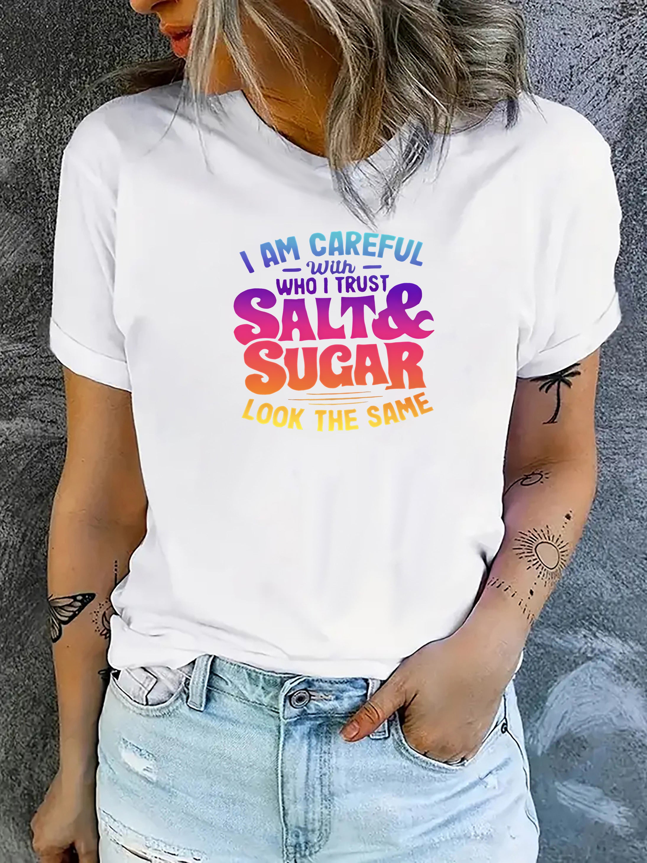 Women's Casual T-Shirt With Colorful Lettering "Salt And Sugar" Graphic, Round Neck, Short Sleeve, Sporty Top