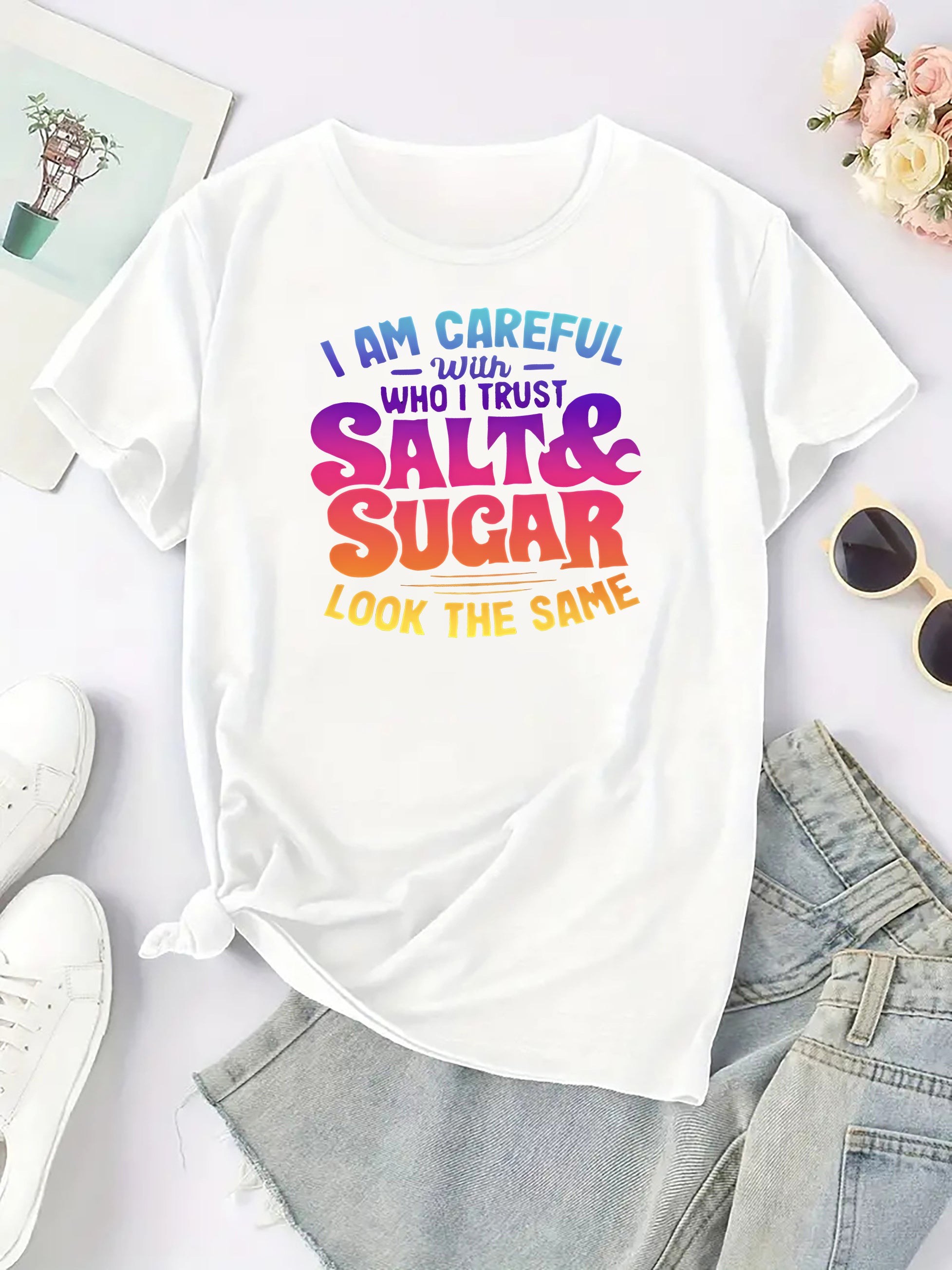 Women's Casual T-Shirt With Colorful Lettering "Salt And Sugar" Graphic, Round Neck, Short Sleeve, Sporty Top