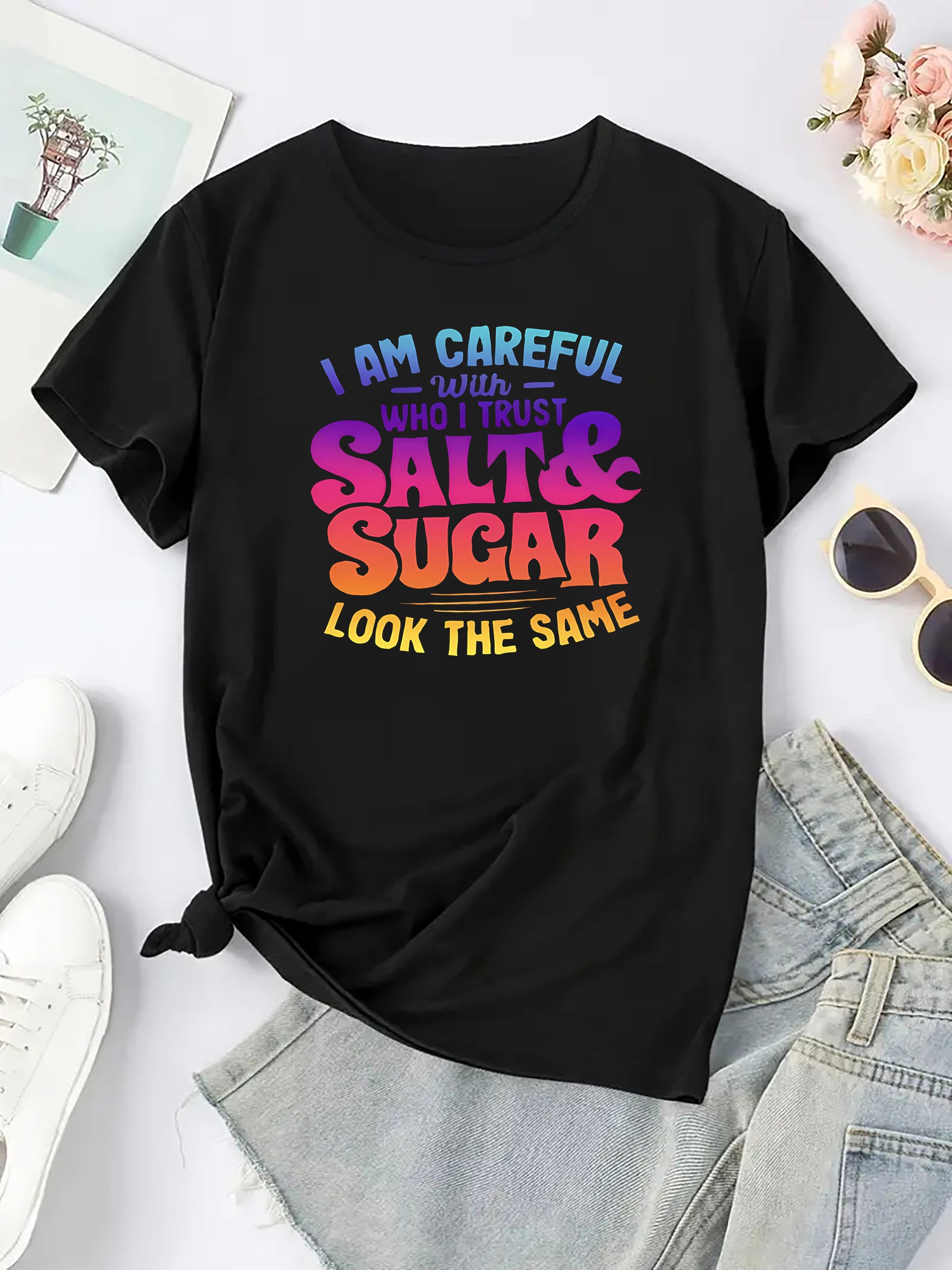 Women's Casual T-Shirt With Colorful Lettering "Salt And Sugar" Graphic, Round Neck, Short Sleeve, Sporty Top
