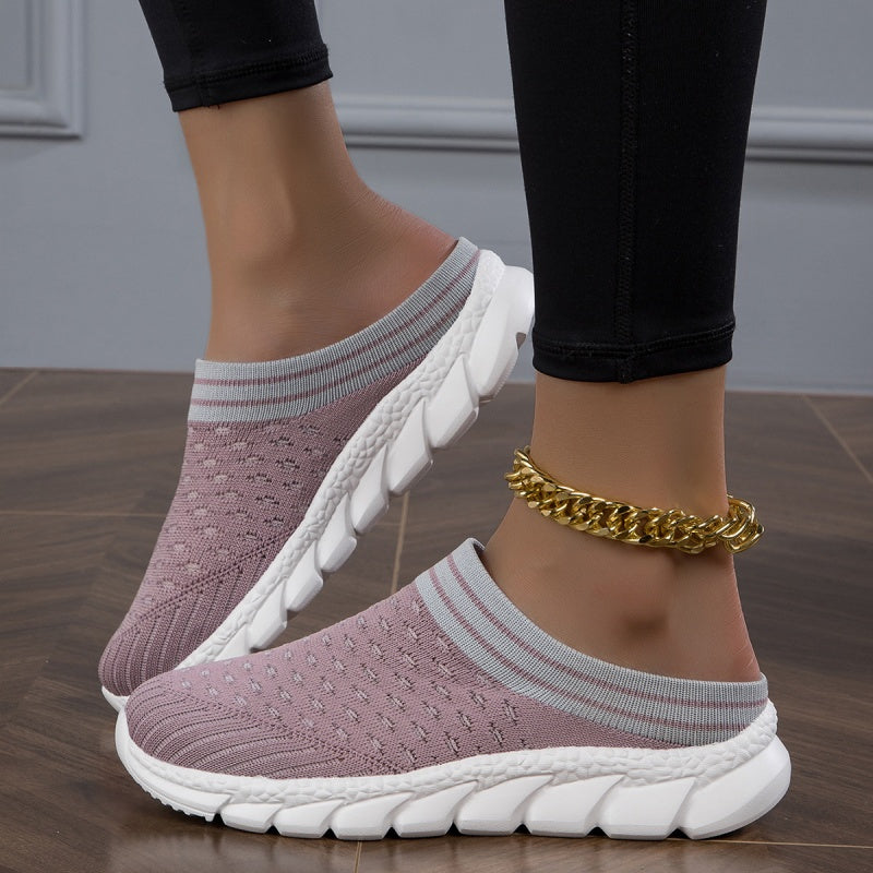 Women's Platform Slip On Clogs, Knitted Soft Sole Walking Comfort Shoes, Half Drag Breathable Daily Wear