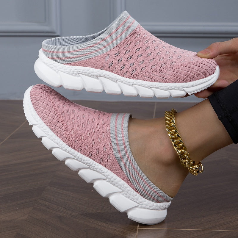 Women's Platform Slip On Clogs, Knitted Soft Sole Walking Comfort Shoes, Half Drag Breathable Daily Wear