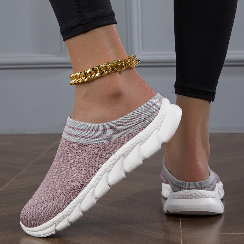 Women's Platform Slip On Clogs, Knitted Soft Sole Walking Comfort Shoes, Half Drag Breathable Daily Wear