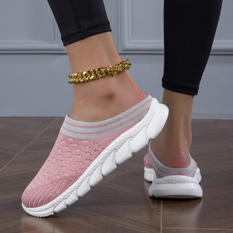 Women's Platform Slip On Clogs, Knitted Soft Sole Walking Comfort Shoes, Half Drag Breathable Daily Wear