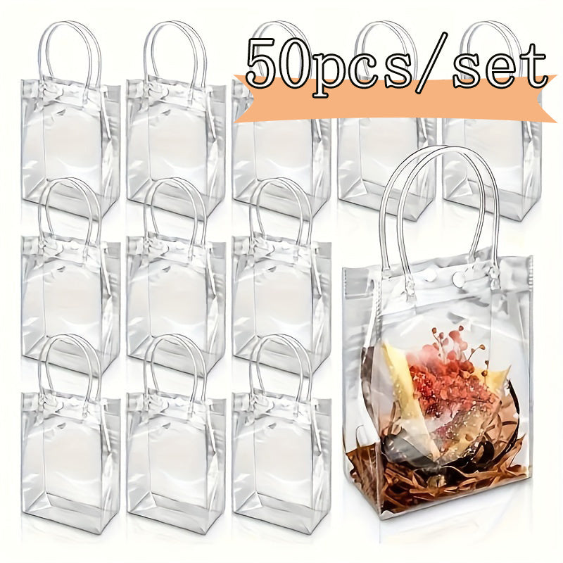 50pcs, Clear Plastic Gift Bags With Handle, Reusable Transparent PVC Plastic Gift Wrap Tote Bag For Mother's Day Christmas Boutique Wedding Birthday Party Favor (7.9" X 5.9" X 2.75"), Shopping Bag, Party Bag, Party Favor