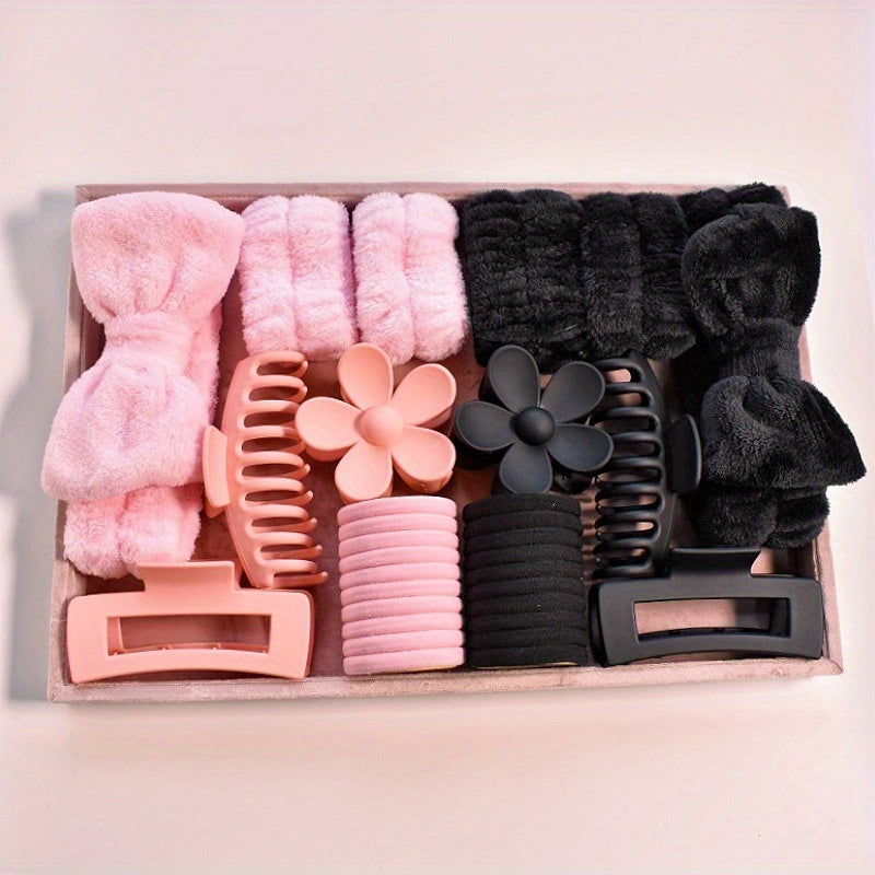 16pcs set of Women's pink and black simple and elegant soft hair ties with bows, multi-color matte large size hair clips with high elasticity, suitable for daily commuting, exquisite girl design, the best gift for Mother's Da