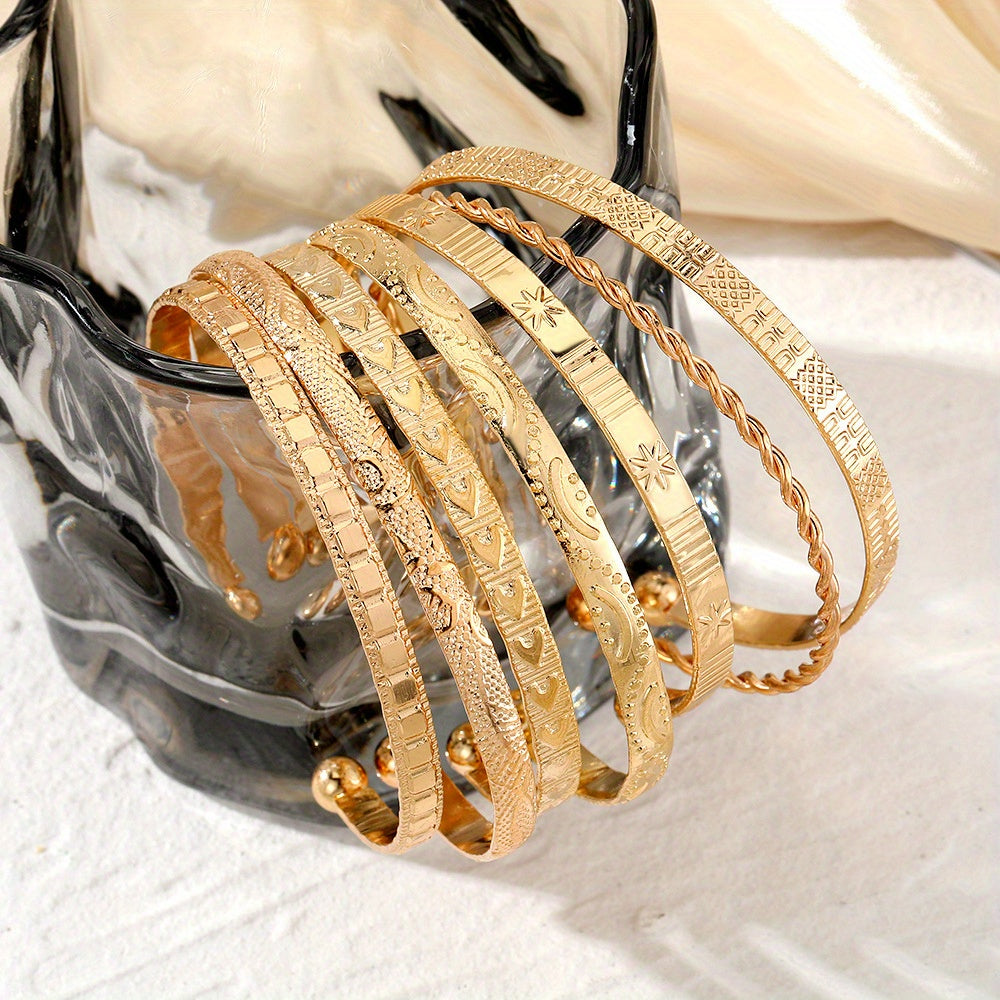 7pcs Golden-Toned Bangle Set - Boho & Punk Style Alloy Open Cuff Bracelets with Arrow,, and Star Patterns for Everyday & Party Wear, Bangle Bracelet