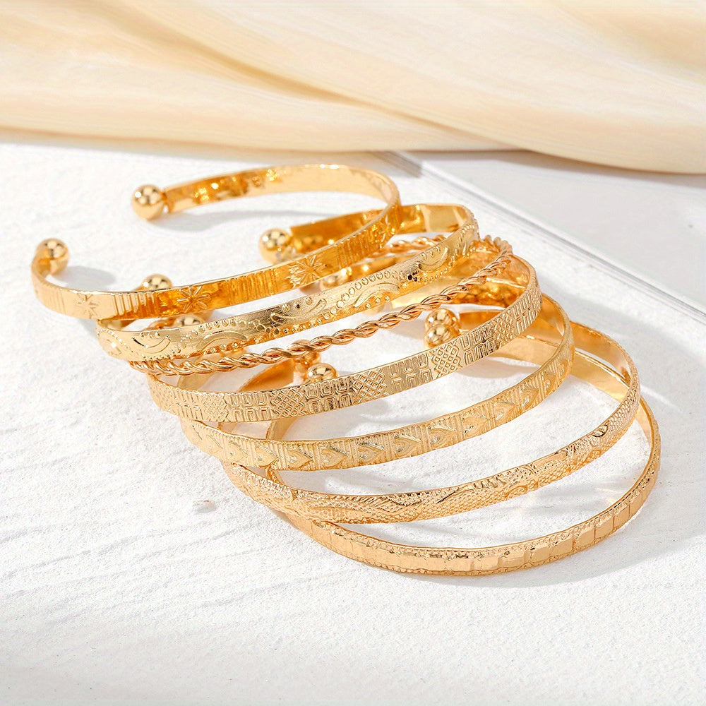 7pcs Golden-Toned Bangle Set - Boho & Punk Style Alloy Open Cuff Bracelets with Arrow,, and Star Patterns for Everyday & Party Wear, Bangle Bracelet