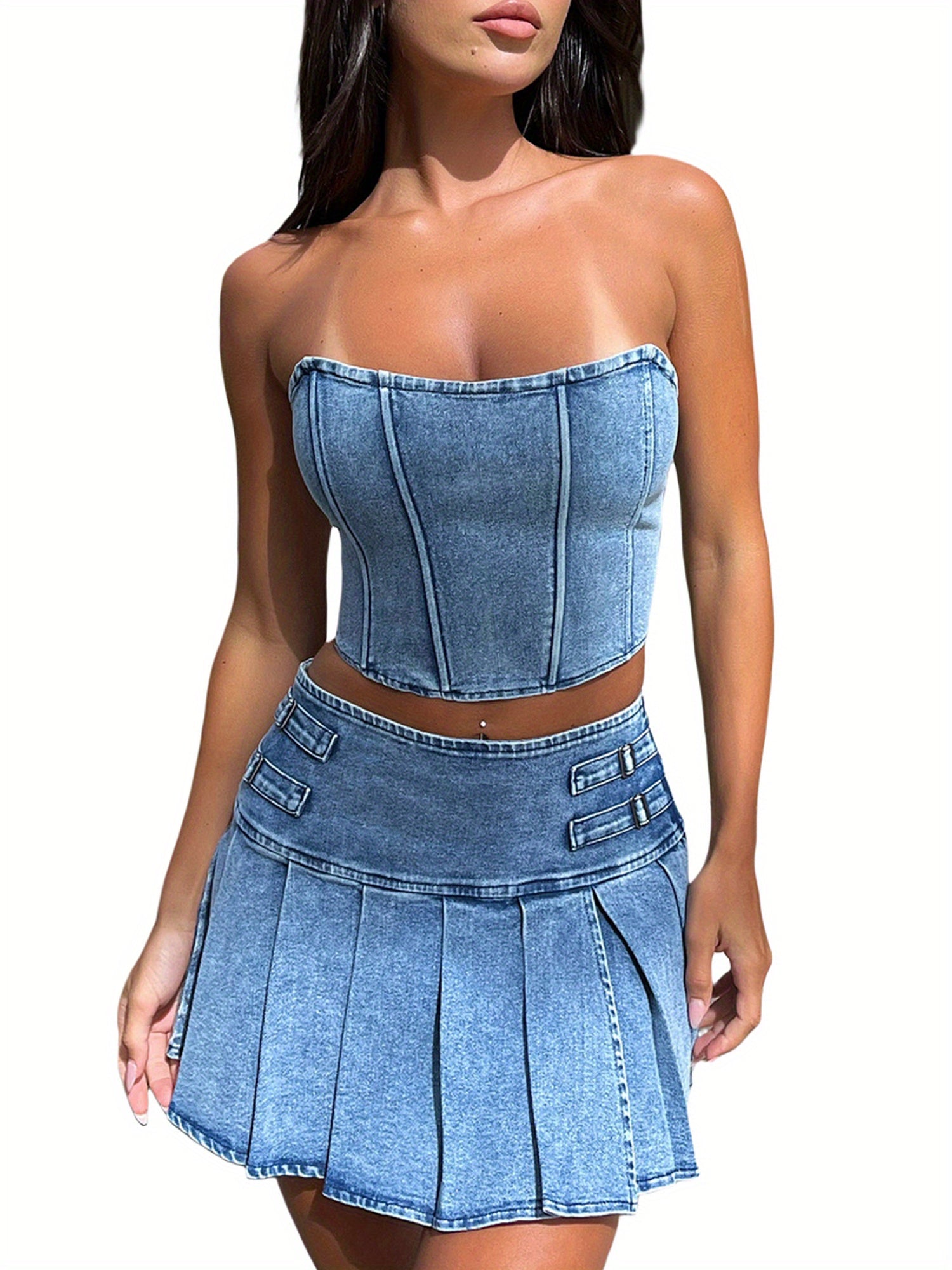Women'S Summer 2pcs Outfit Sets Sleeveless Off Shoulder Bandeau + Pleated Denim Skirt