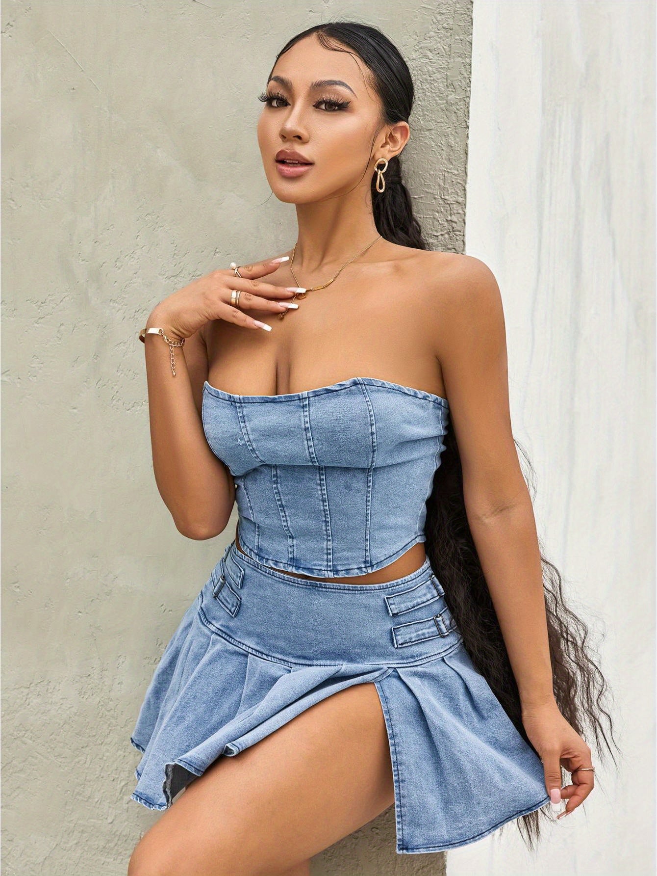 Women'S Summer 2pcs Outfit Sets Sleeveless Off Shoulder Bandeau + Pleated Denim Skirt
