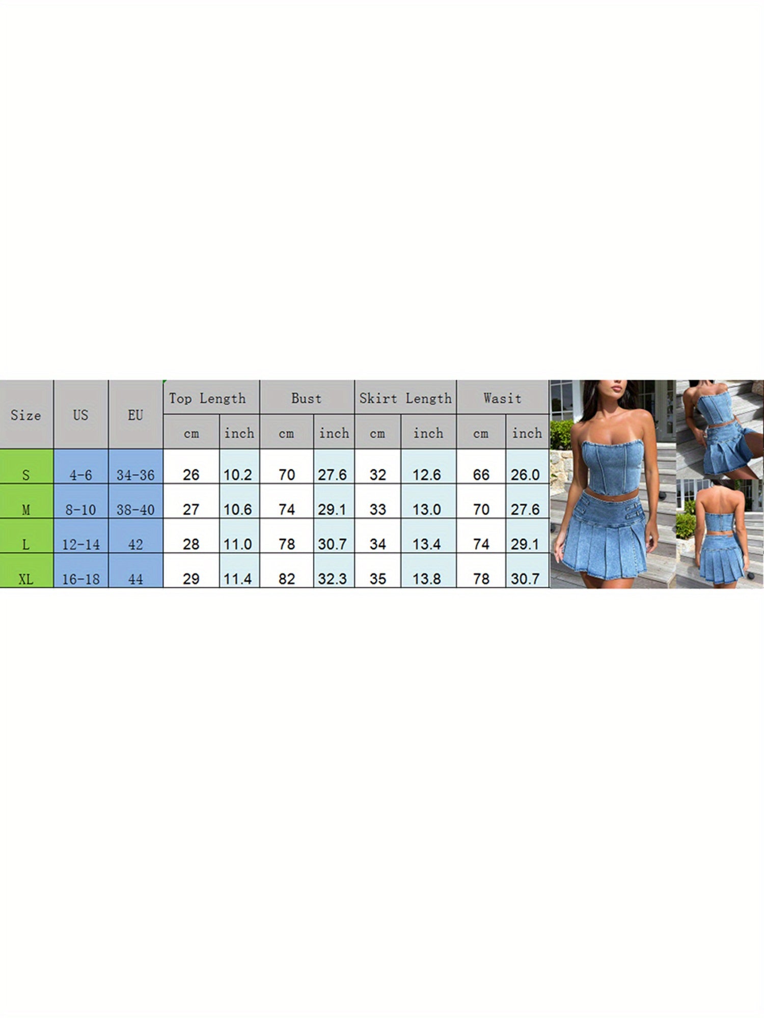 Womens Summer 2pcs Outfit Sets Sleeveless Off Shoulder Bandeau + Pleated Denim Skirt