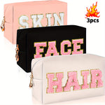 3pcs Letter Embroideried Makeup Bag, Toiletry Storage Bag with Zipper, Travel Organizer for Light Beige, Hair, And Face Care