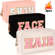 3pcs Letter Embroideried Makeup Bag, Toiletry Storage Bag with Zipper, Travel Organizer for Light Beige, Hair, And Face Care
