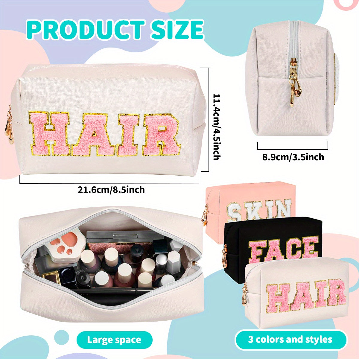 3pcs Letter Embroideried Makeup Bag, Toiletry Storage Bag with Zipper, Travel Organizer for Light Beige, Hair, And Face Care
