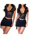 Women'S Summer Skirt 2pcs Suit, Sheer Lace Flower Halter Cami Tops + Asymmetric Ruched Mini Short Skirt Outfits