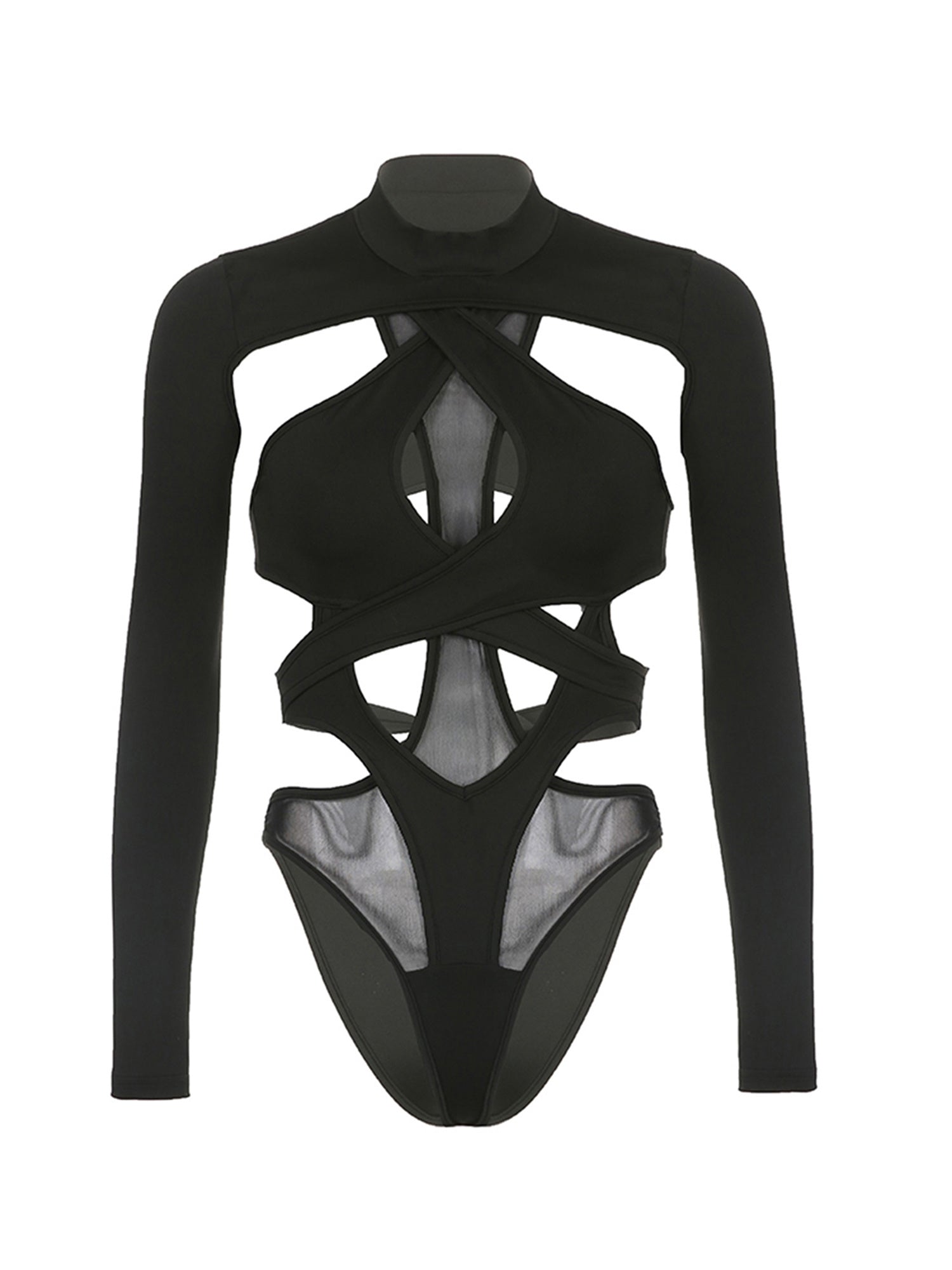 1pc Elegant Women'S One-Piece Jumpsuit - High Neck Long Sleeve Bodysuit with Sheer Mesh and Irregular Cutouts, Sexy Solid Color Polyester Party Clubwear for Adults