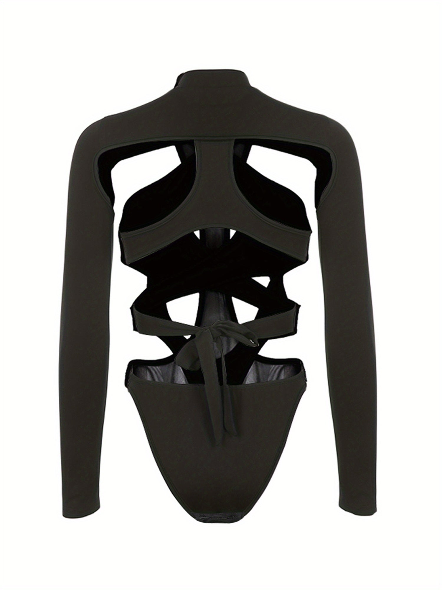 1pc Elegant Women'S One-Piece Jumpsuit - High Neck Long Sleeve Bodysuit with Sheer Mesh and Irregular Cutouts, Sexy Solid Color Polyester Party Clubwear for Adults