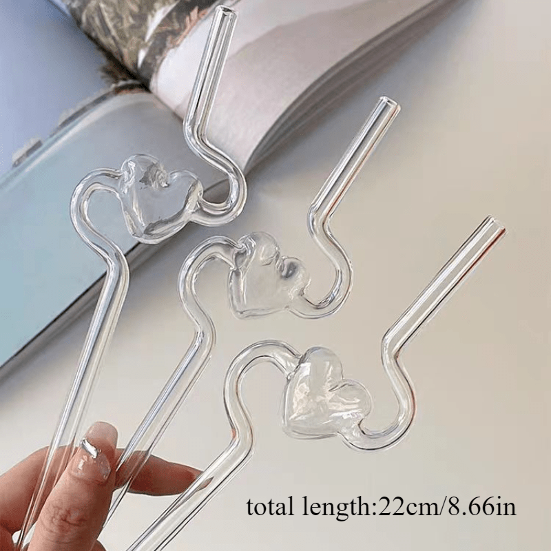 1pc Reusable Glass Straw With Cute Heart Design - High Borosilicate, Transparent & Creative For Milk And Juice Drinks