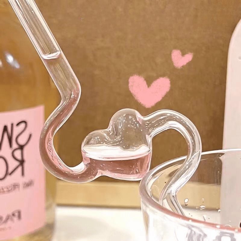 1pc Reusable Glass Straw With Cute Heart Design - High Borosilicate, Transparent & Creative For Milk And Juice Drinks