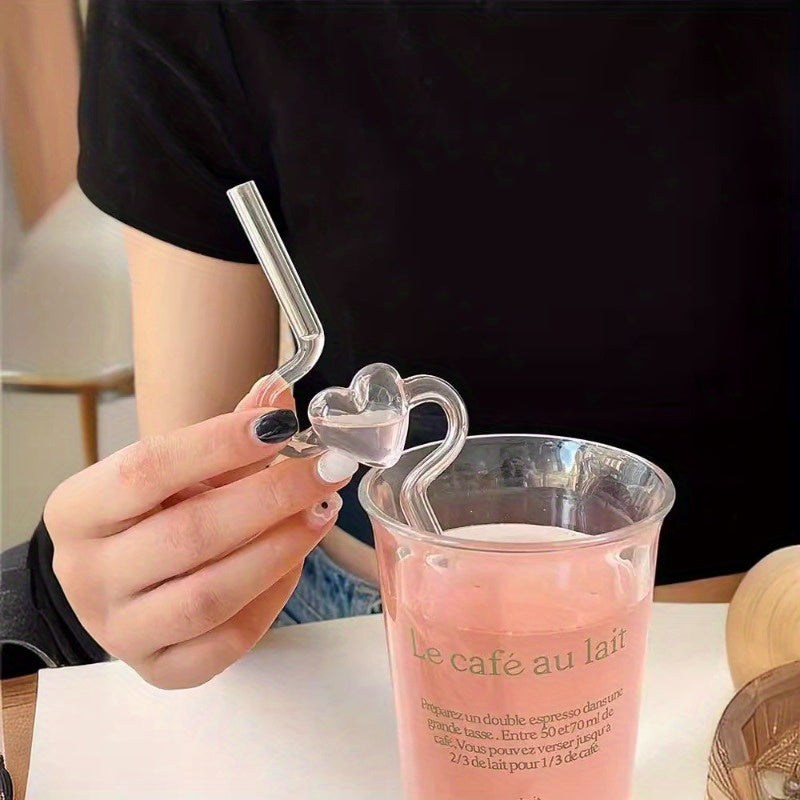 1pc Reusable Glass Straw With Cute Heart Design - High Borosilicate, Transparent & Creative For Milk And Juice Drinks