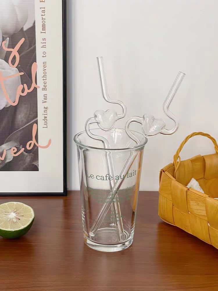 1pc Reusable Glass Straw With Cute Heart Design - High Borosilicate, Transparent & Creative For Milk And Juice Drinks