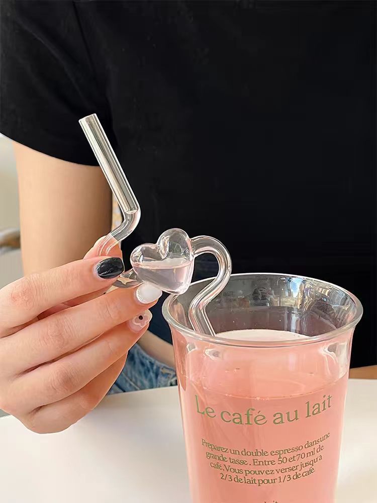 1pc Reusable Glass Straw With Cute Heart Design - High Borosilicate, Transparent & Creative For Milk And Juice Drinks