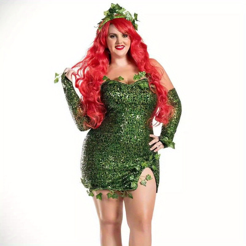 Sexy Poison Ivy Costume for Women - Green Bodycon Dress with Headband & Gloves, Perfect for Halloween & Cosplay Parties