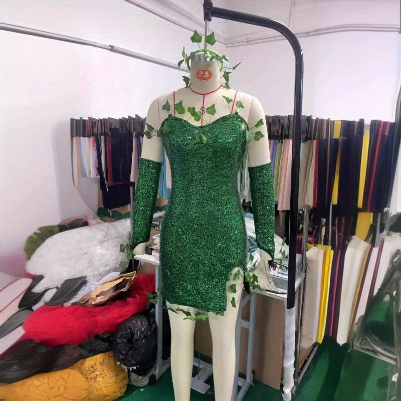Sexy Poison Ivy Costume for Women - Green Bodycon Dress with Headband & Gloves, Perfect for Halloween & Cosplay Parties