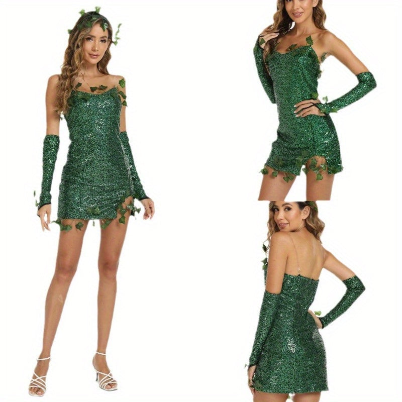 Sexy Poison Ivy Costume for Women - Green Bodycon Dress with Headband & Gloves, Perfect for Halloween & Cosplay Parties