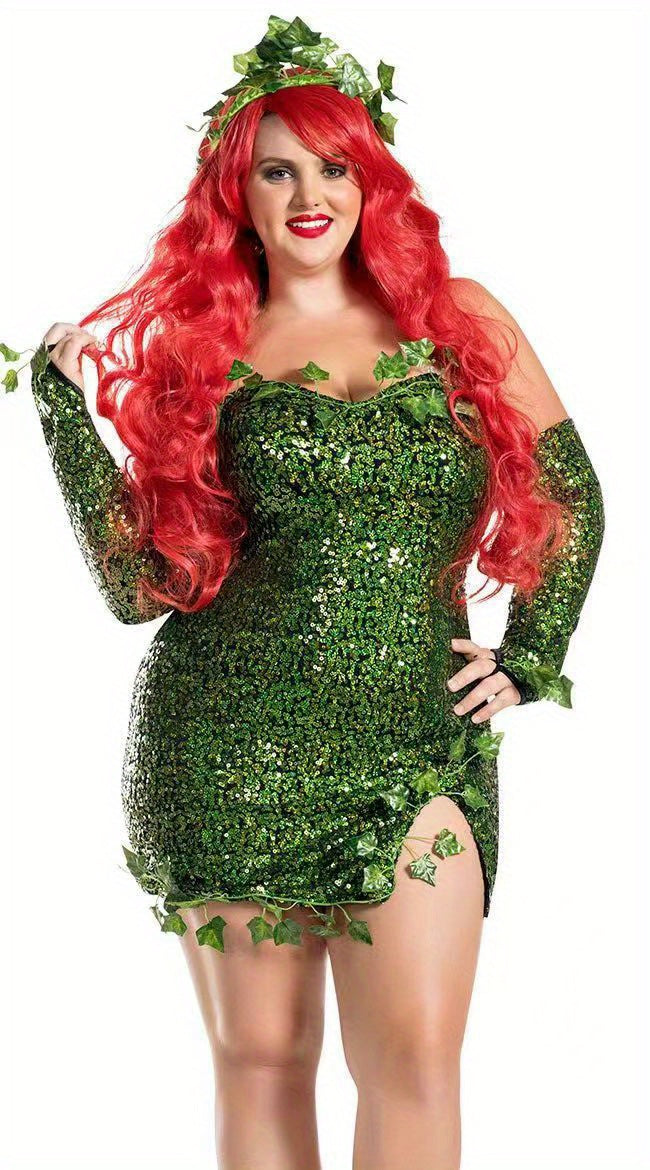 Sexy Poison Ivy Costume for Women - Green Bodycon Dress with Headband & Gloves, Perfect for Halloween & Cosplay Parties