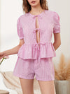 Women Two Piece Gingham Sets Short Sleeve Tie Front Peplum Tops And Shorts Going Out Sets Streetwear