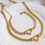 2pcs Golden Plated Pendant Necklace - Exquisite Stainless Steel Jewelry with Luxurious Golden Finish, Thick Chain, Love Design Pendant in Elegant French Style, Perfect for Ladies Daily Commute, Holiday Party Wear, and Gift Gi