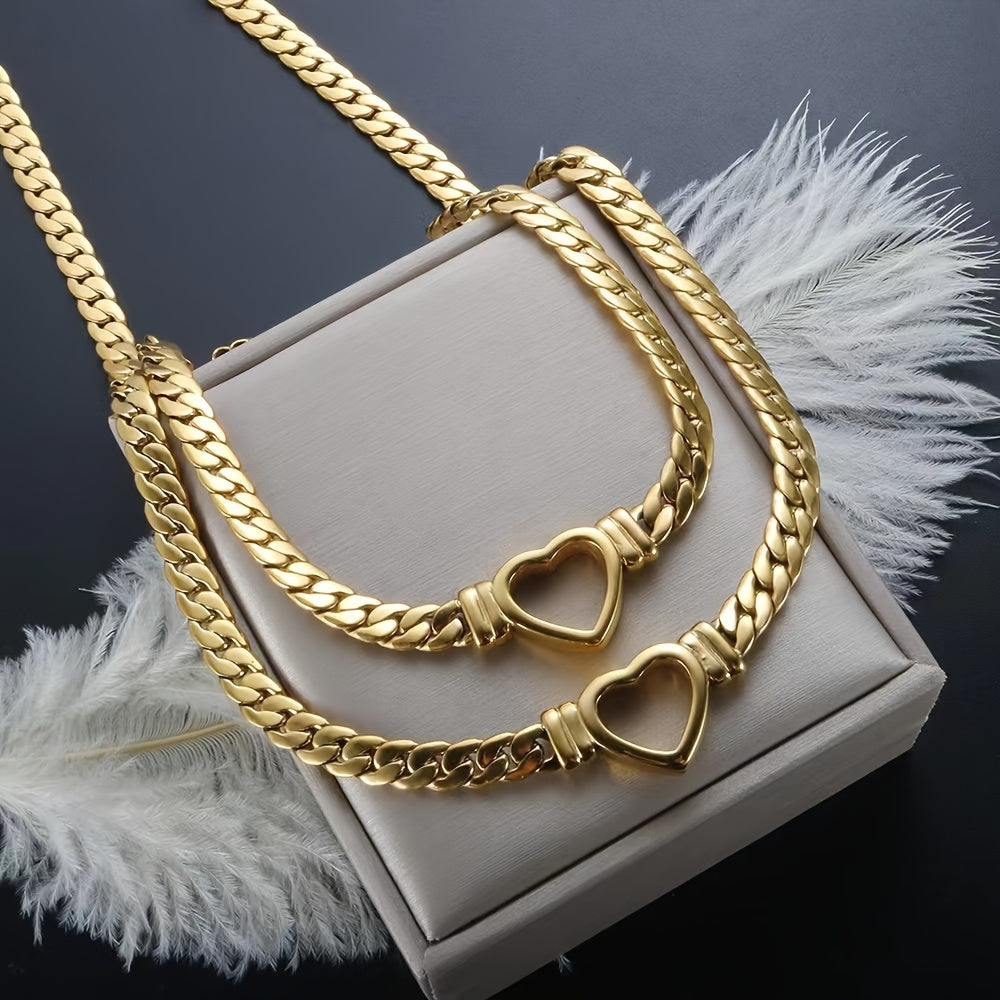 2pcs Golden Plated Pendant Necklace - Exquisite Stainless Steel Jewelry with Luxurious Golden Finish, Thick Chain, Love Design Pendant in Elegant French Style, Perfect for Ladies Daily Commute, Holiday Party Wear, and Gift Gi