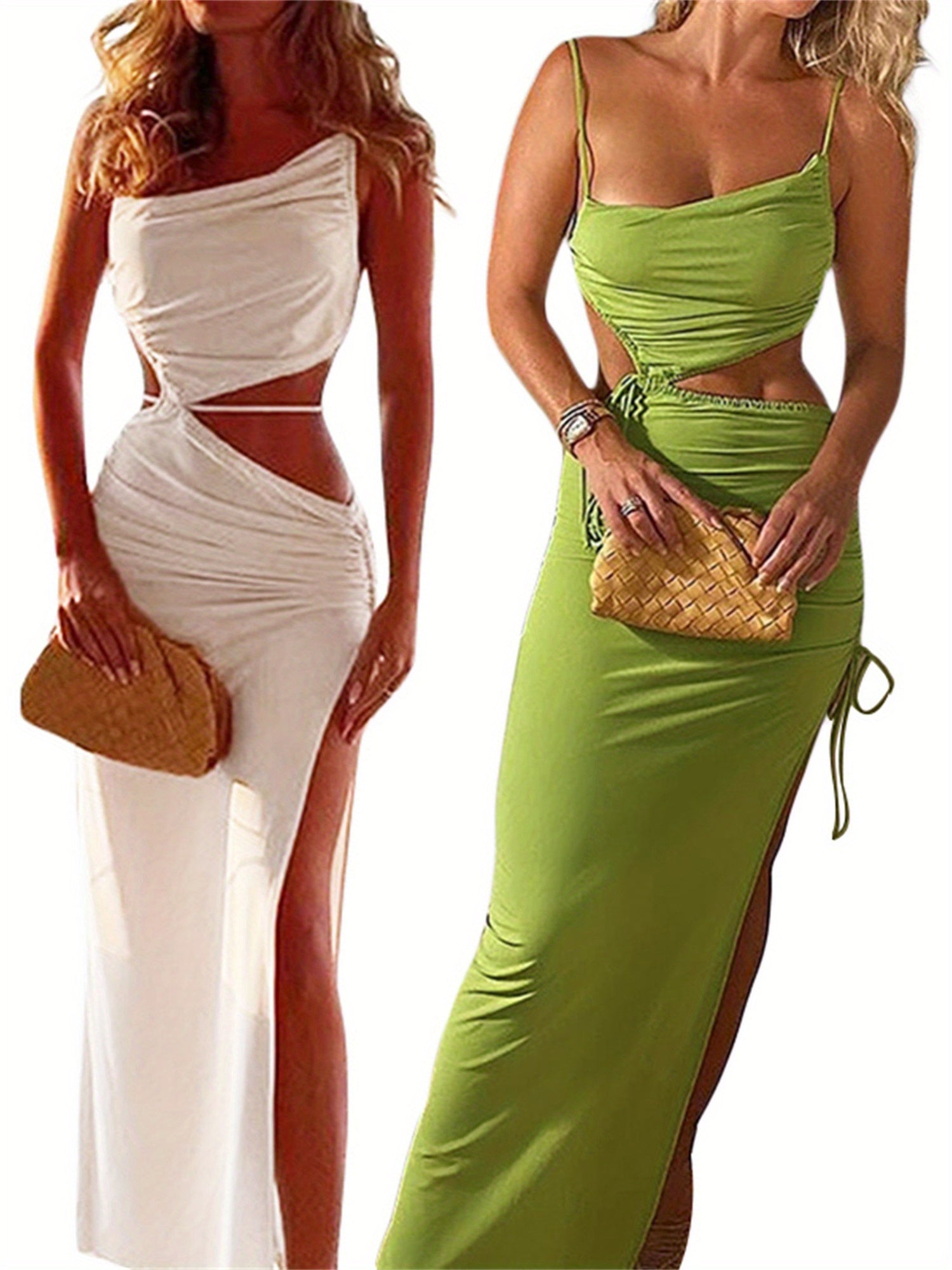 Female Long Dress, Summer Solid Color Sleeveless Spaghetti Strap Hollow Out One-Piece with Drawstring
