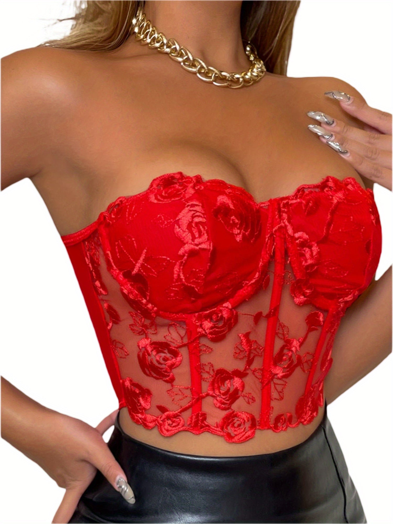 Women's Y2K Floral Bustier Corset Crop Top - Sexy Semi-Sheer Red Party Clubwear with Adjustable Straps, Hand Wash Only for Spring/Summer Night Out, Night Out Apparel | Floral Top | Intricate Embroidery