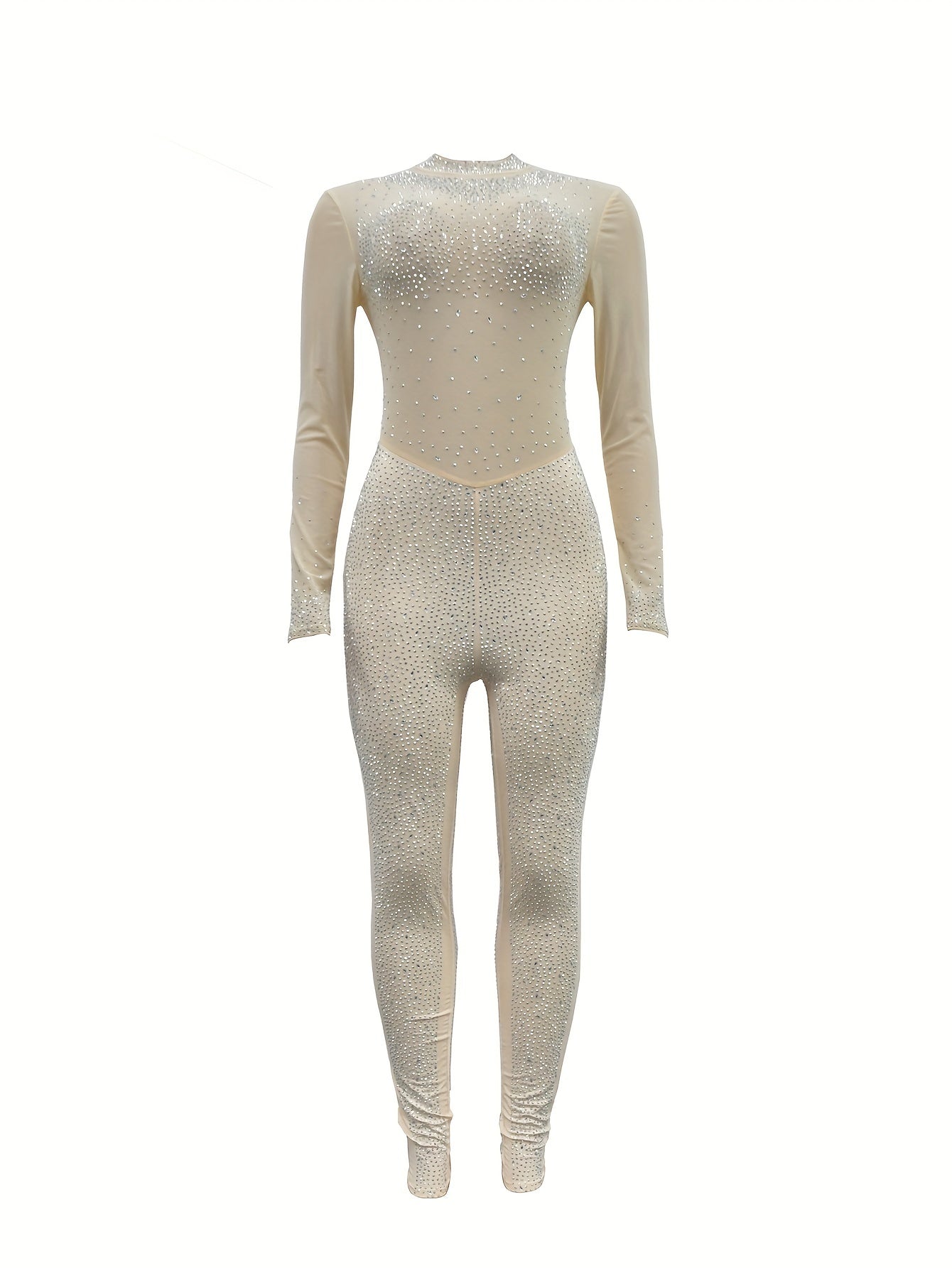 Solid Color Stand Neck Jumpsuit, Y2K Mesh Rhinestone Long Sleeve Jumpsuit For Spring & Summer, Women's Clothing