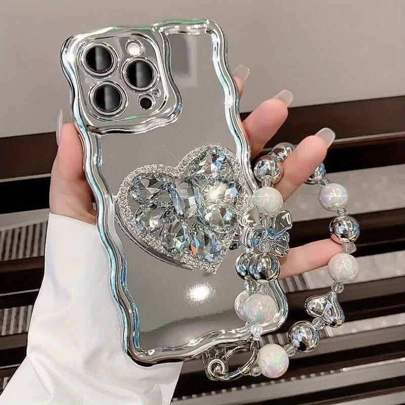 Rhinestone iPhone Case Bracket - Silvery Mirror Love Phone Bracelet