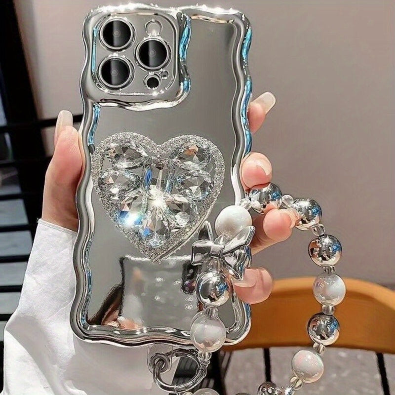Rhinestone iPhone Case Bracket - Silvery Mirror Love Phone Bracelet