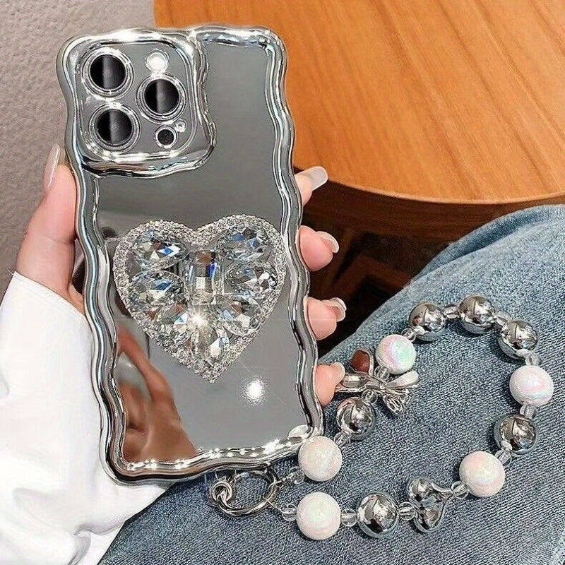 Rhinestone iPhone Case Bracket - Silvery Mirror Love Phone Bracelet