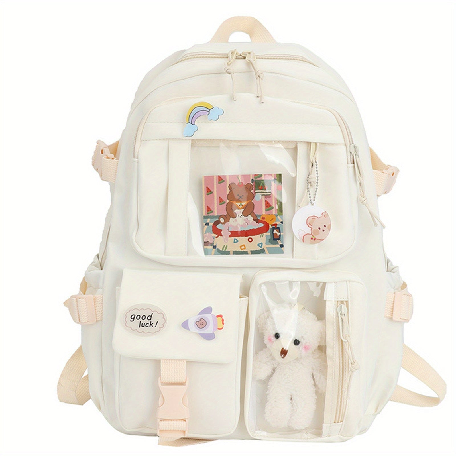 Kawaii Backpack - Cute Aesthetic Plush Pendant Pin Accessories, Large Capacity Laptop Backpack for Women - For School & Everyday Use - Perfect Gift for Teens & Students