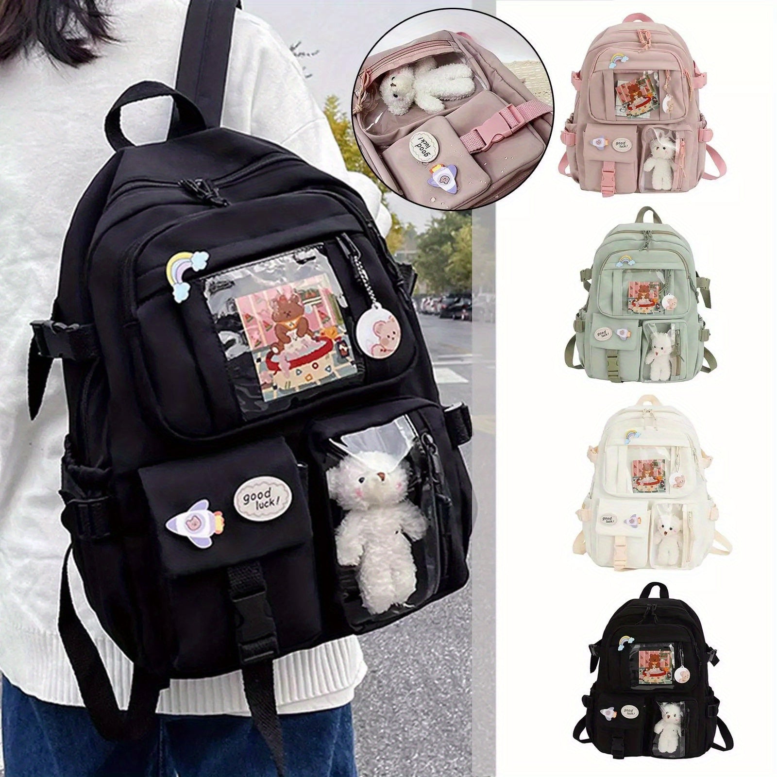 Kawaii Backpack - Cute Aesthetic Plush Pendant Pin Accessories, Large Capacity Laptop Backpack for Women - For School & Everyday Use - Perfect Gift for Teens & Students