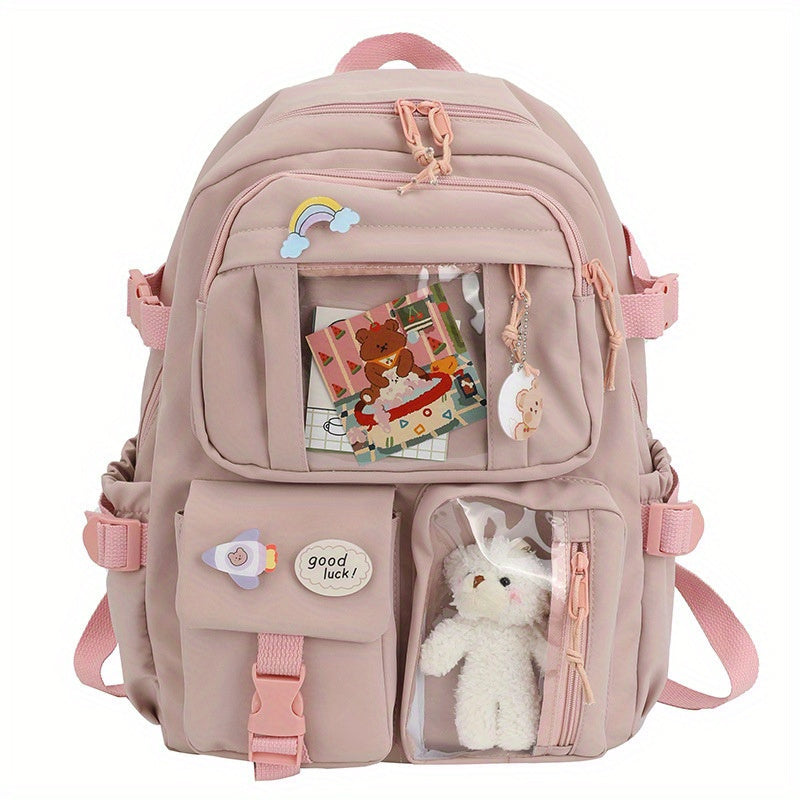 Kawaii Backpack - Cute Aesthetic Plush Pendant Pin Accessories, Large Capacity Laptop Backpack for Women - For School & Everyday Use - Perfect Gift for Teens & Students