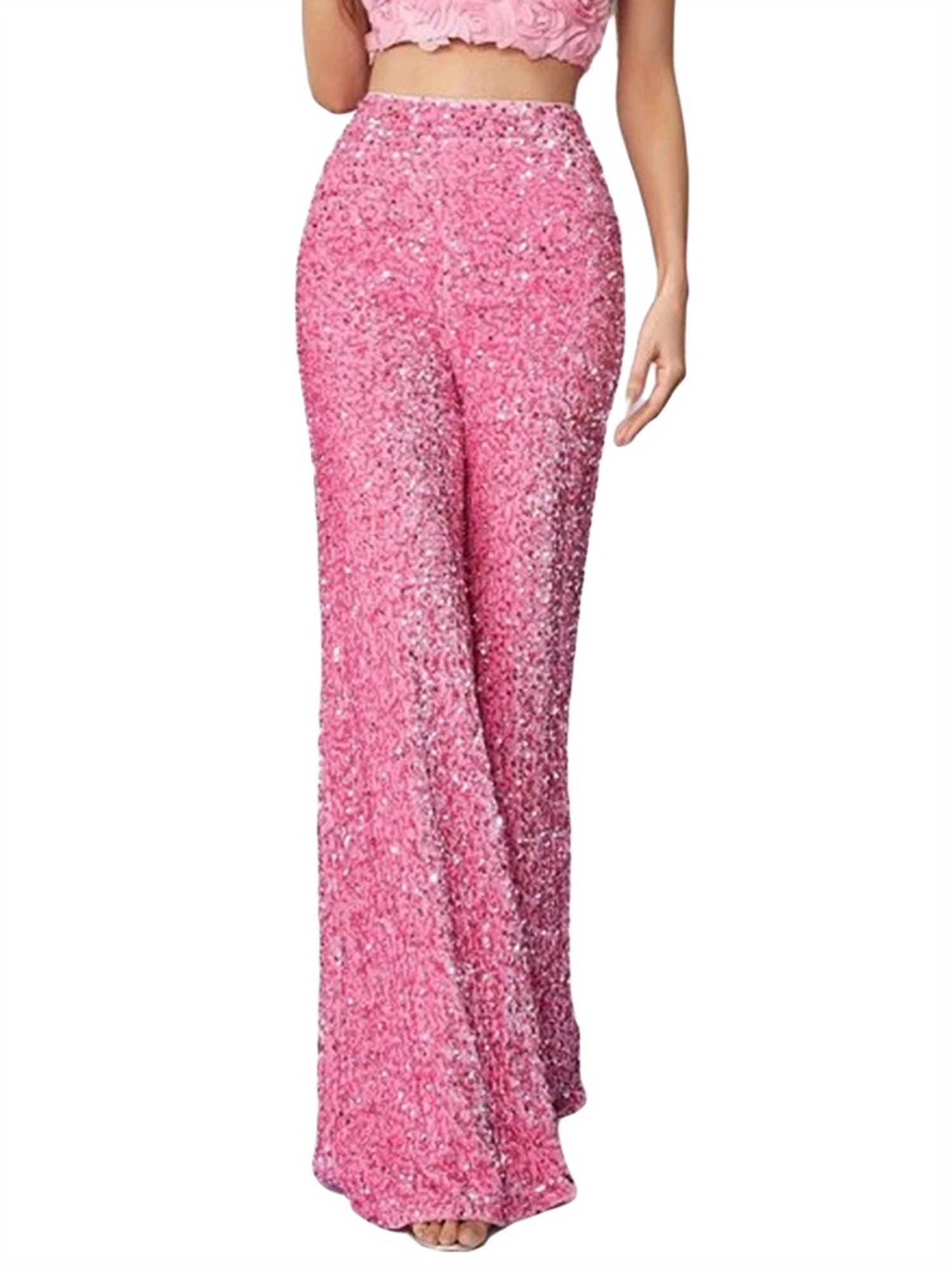 Women's High-Waisted Wide-Leg Velvet Pants with Sequin Details - Casual Loose-Fit Trousers, Black with White Sequins, Elastic Waistband, Machine Washable, Perfect for All Seasons, Party Attire | Elegant Casualwear | Velvet Se