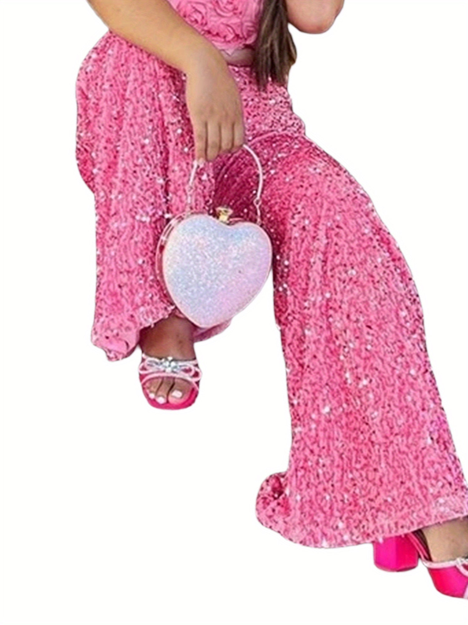 Women'S Casual Wide Leg Pants Elastic Band High Waist Sequin Trousers Fashion Streetwear