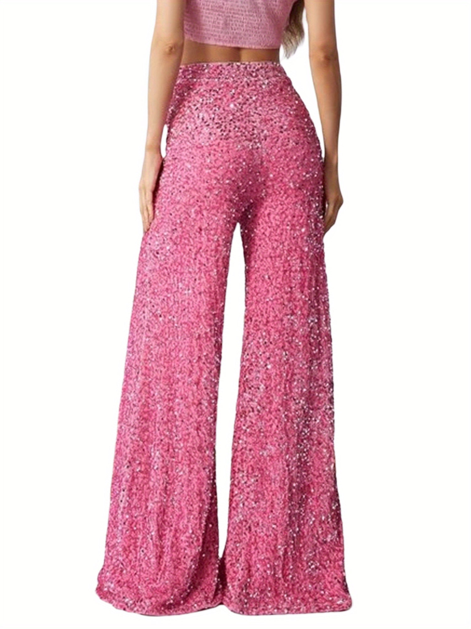 Women's High-Waisted Wide-Leg Velvet Pants with Sequin Details - Casual Loose-Fit Trousers, Black with White Sequins, Elastic Waistband, Machine Washable, Perfect for All Seasons, Party Attire | Elegant Casualwear | Velvet Se