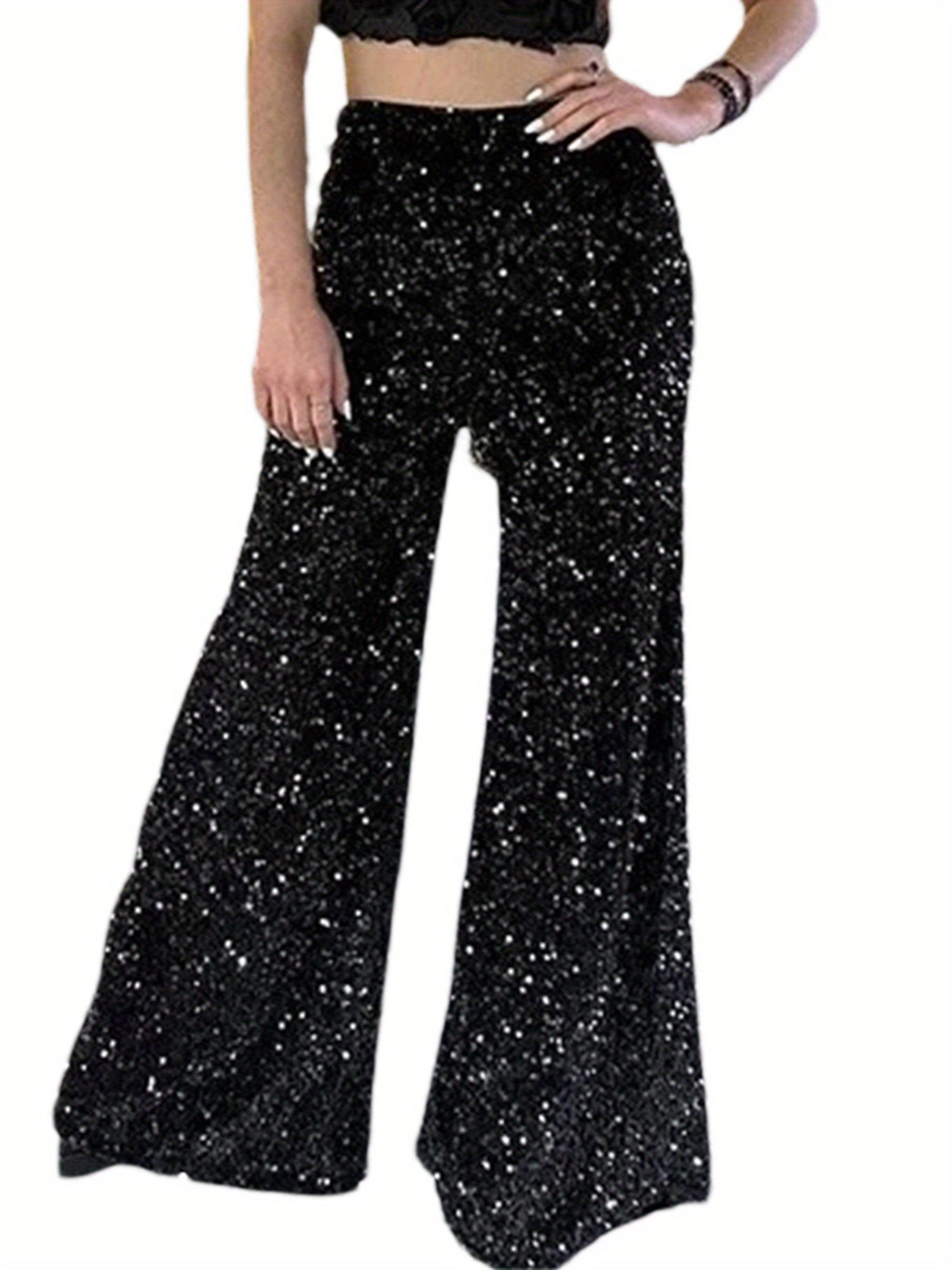 Women's High-Waisted Wide-Leg Velvet Pants with Sequin Details - Casual Loose-Fit Trousers, Black with White Sequins, Elastic Waistband, Machine Washable, Perfect for All Seasons, Party Attire | Elegant Casualwear | Velvet Se