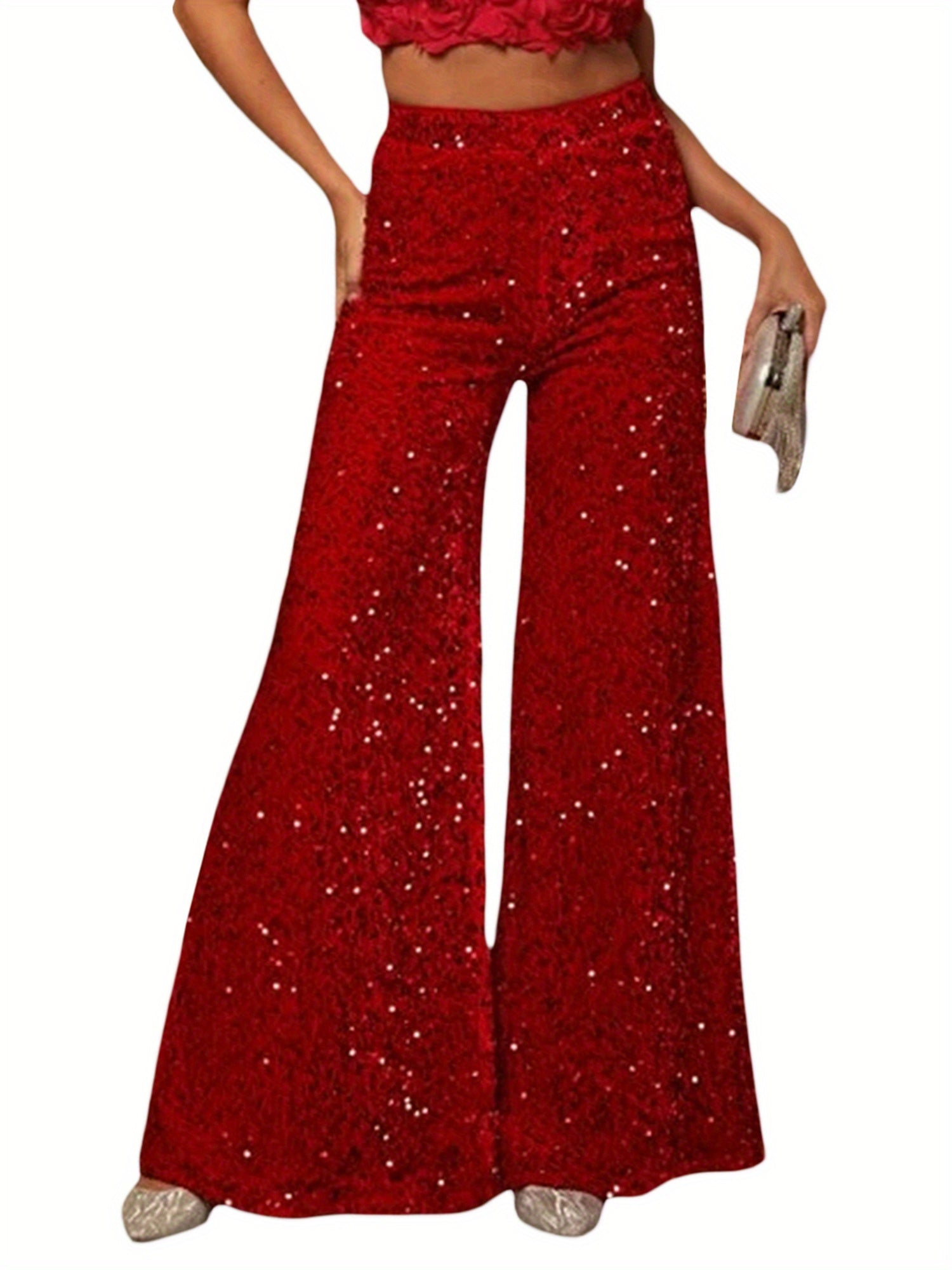 Women's High-Waisted Wide-Leg Velvet Pants with Sequin Details - Casual Loose-Fit Trousers, Black with White Sequins, Elastic Waistband, Machine Washable, Perfect for All Seasons, Party Attire | Elegant Casualwear | Velvet Se